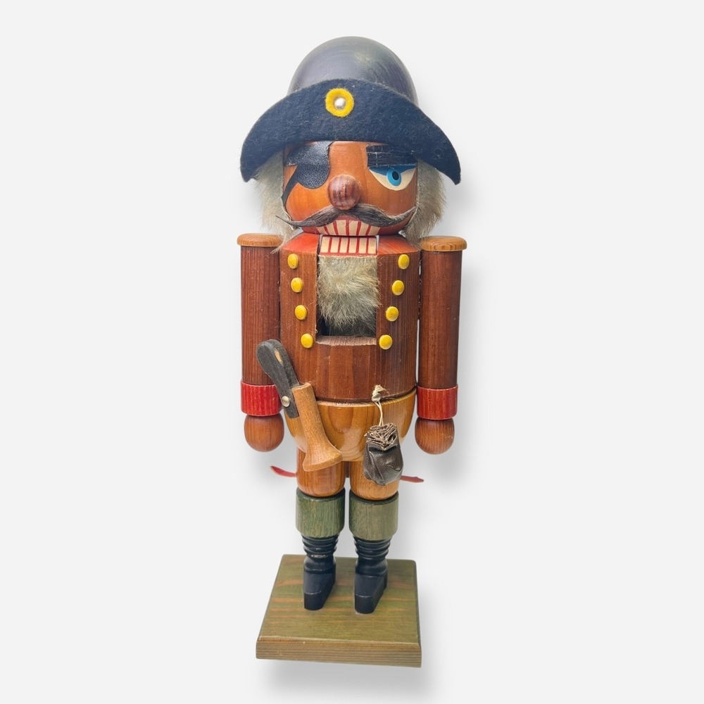 Vintage Erzgebirge Nutcracker Pirate‎ German Musket Gold Bag Wood Eye Patch 13"